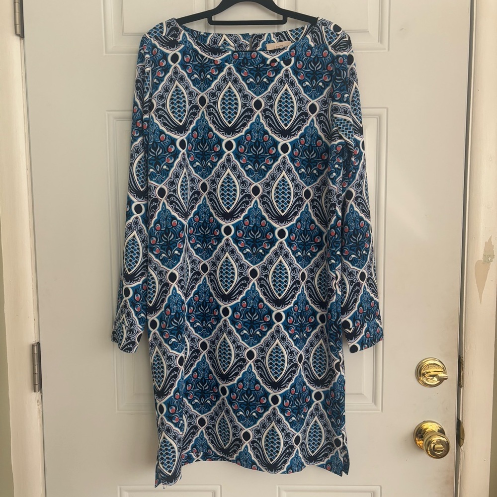 ❤️2/$15 or 3/$21❤️Loft Elegant Blue Geometric Patterned L/S Shift Dress, Size S